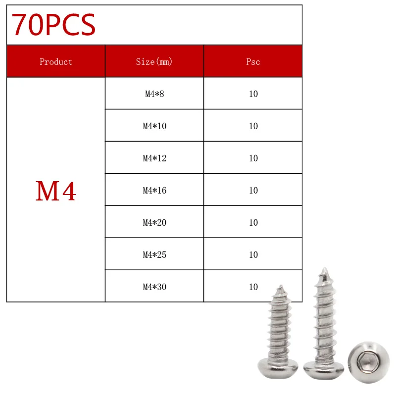 Kit M2 M2,5 M3 M4 M5 M6 304 Edelstahl runder Flachkopf Innensechskant selbstschneidende Schrauben Holzschrauben Set 70–630 Stück – Detail 8