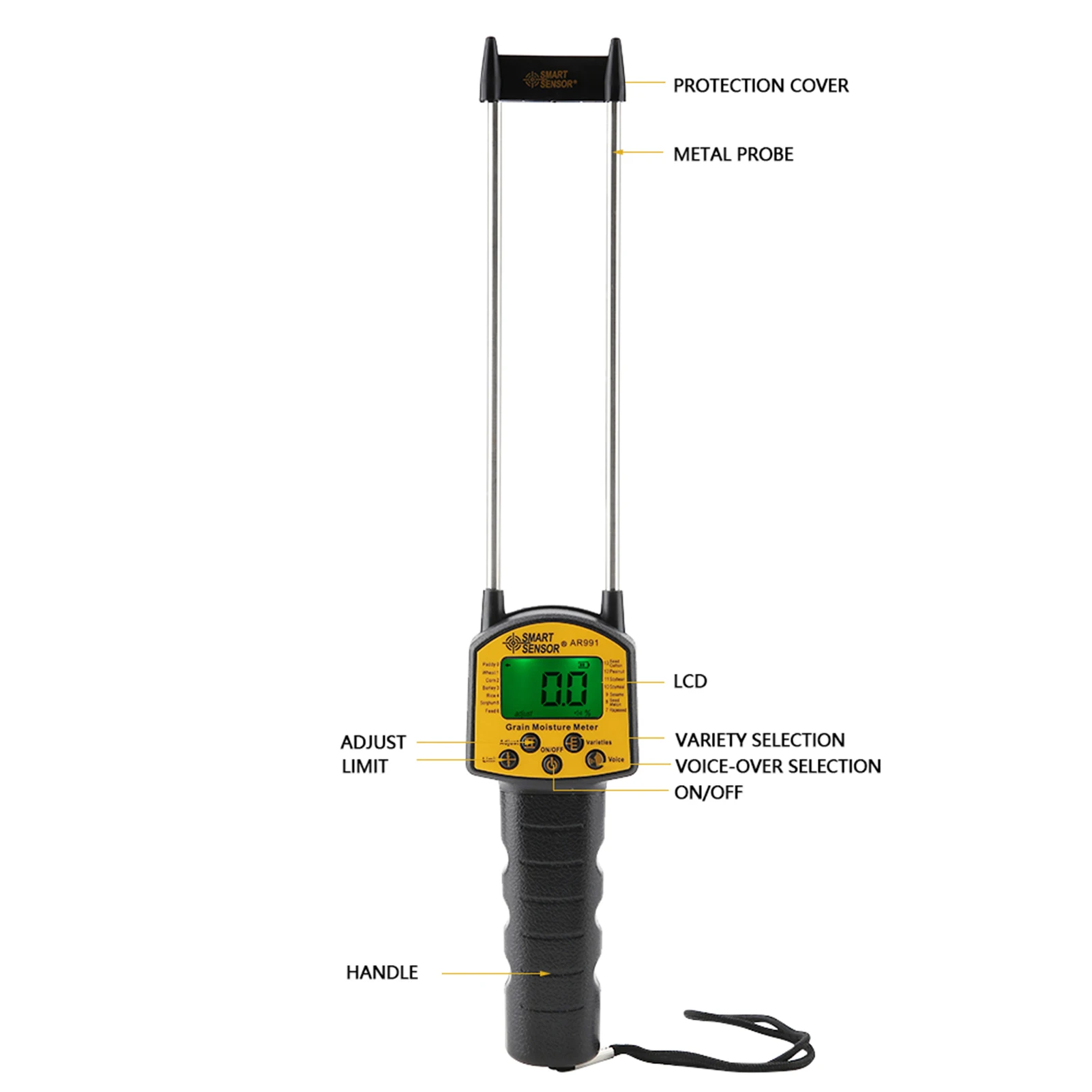 AR991 Digital LCD Grain Moisture Meter, suitable for measuring the moisture content of wheat, corn, rice, peanuts, and soybeans