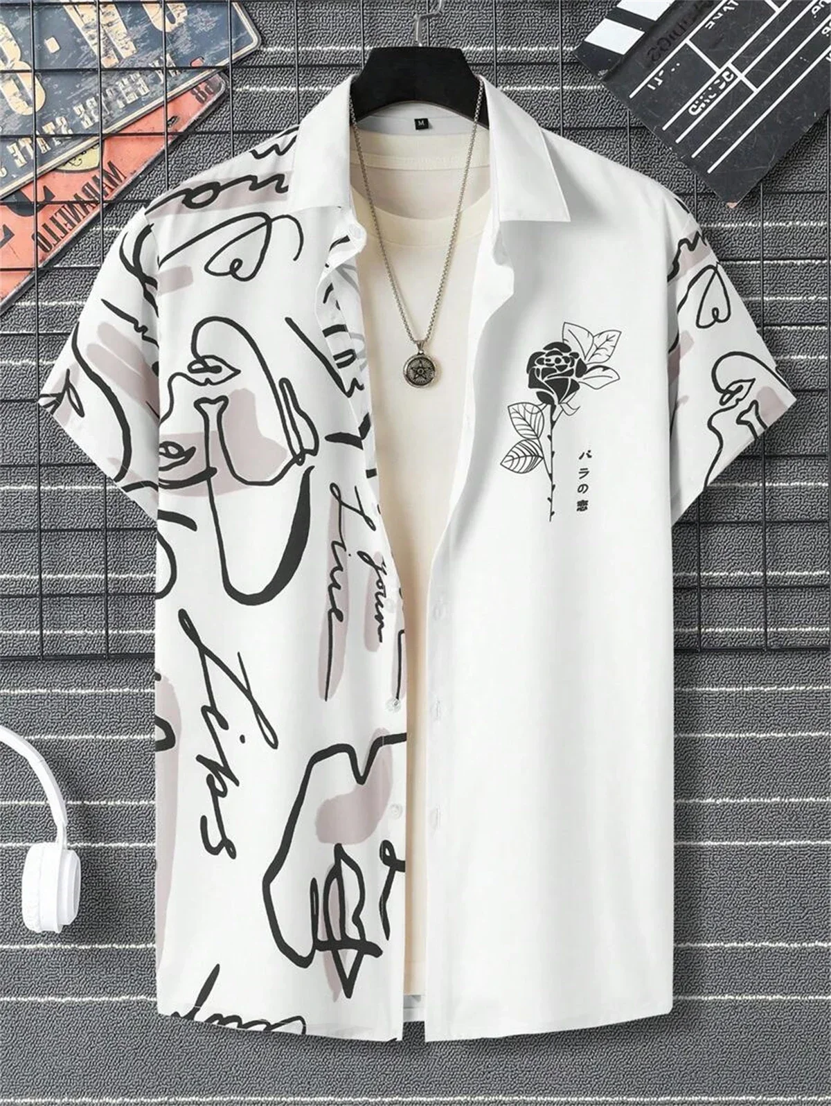 Summer Fashion New Men's Shirt Abstract Pattern Print Hawaiian Casual Beach Lapel Men's Short Sleeve Top