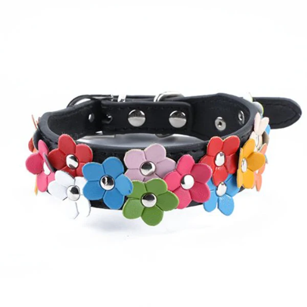 

Colorful Flowers Dog Collar for Pet Puppy Adjustable PU Pink Size M 30 36cm Neck 25mm Width Rhinestone Buckle D Ring Leash Small