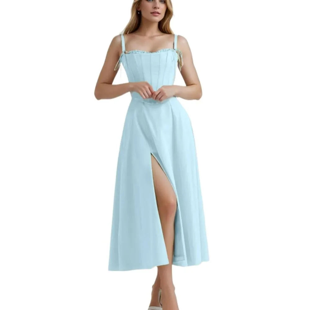 

Sexy Wood ears Ruched Chest Hem Slit Swing Midi Strapless Dress With Bow Strap Slim Corsets Crop Top Fairy Robe 2 pieces 1 Set