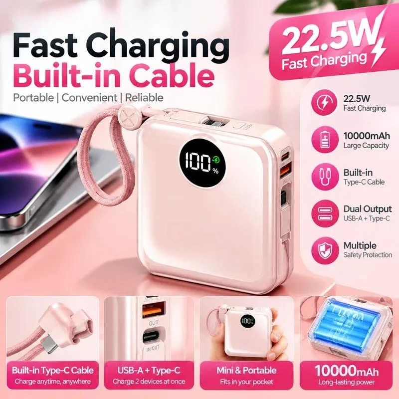 Power Bank 22.5W Fast Charging Compact Portable Mini Self-contained Cable Mobile Power