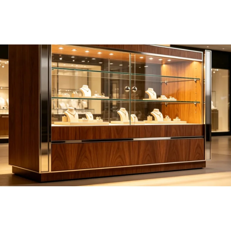 custom.GZowin Factory Directly Wood Stainless Steel LED-Lit High-End Jewelry Display Cabinet Customized Durable High
