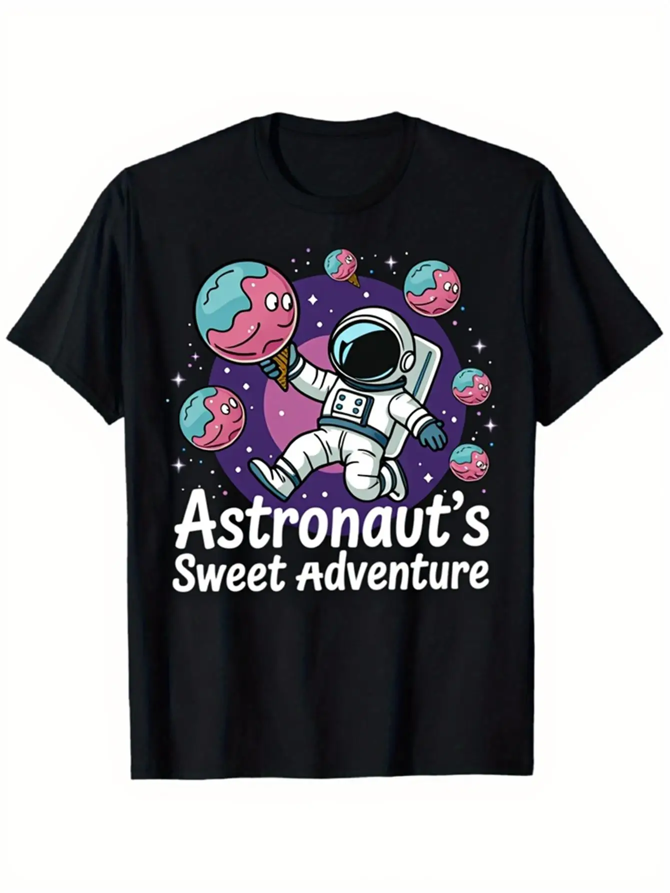 Trendy Men's Black Graphic T-Shirt Astronaut Space Planets Stars Sweet Adventure Bold Letter Print 100% Cotton Heavyweight Short Sleeve Casual Streetwear Tee