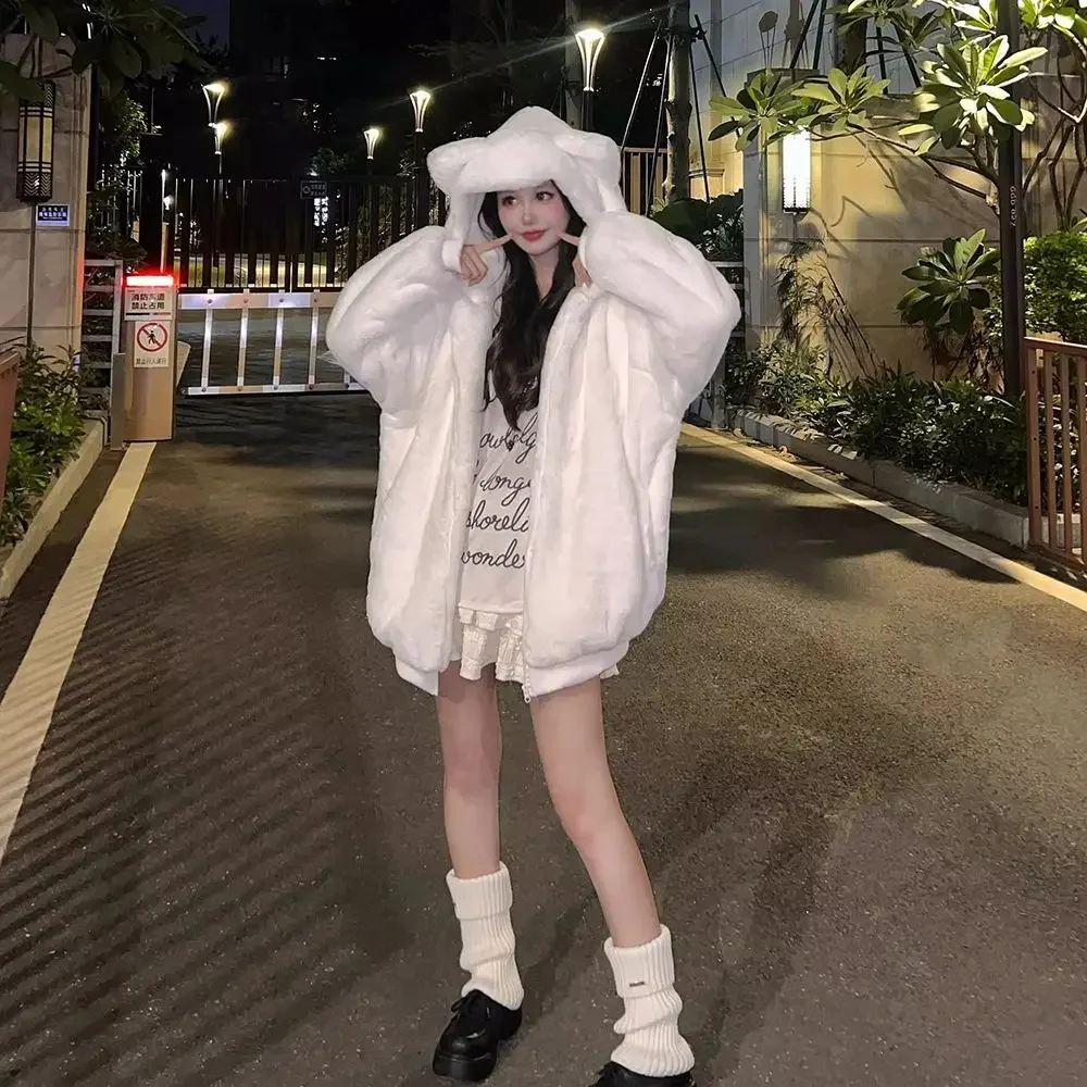 Japanese Kawaii Long Sleeve Coat Women Casual Solid Cat Ears Harajuku Sweatshirt Sweet Zipper Hoodie Autumn Winter Tops