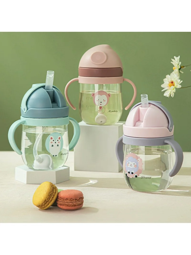 Vaso con pajita para bebés de 6 meses en adelante, vaso para beber leche y agua anticaída, diseño de líneas creativas, cuerpo de plástico, acero inoxidable...