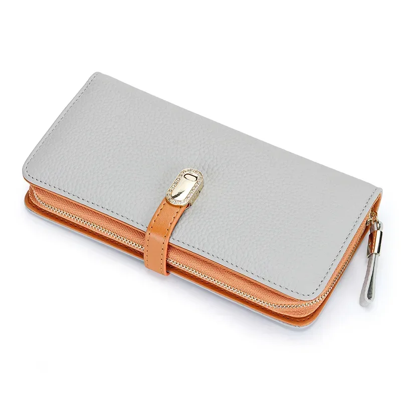 Lady Custom Name Elegant Luxury Long Wallet Large Capacity Versatile Card Holder Cowhide Phone Metal Button Fashion Clutch Purse