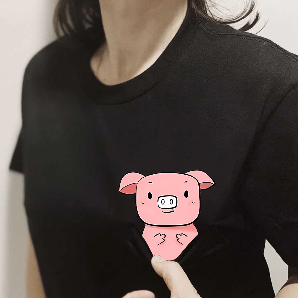 CLOOCL Cartoon Pigs Cotton T-Shirts Funny Piggy Middle Finger Printed Pocket T-shirt Mens Women Short Sleeve Shirts Hip Pop Tops