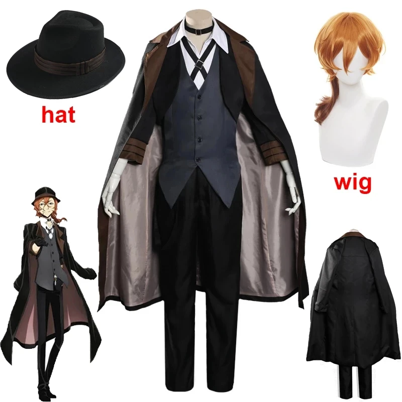 Anime Bungou Stray Dogs Men Women Nakahara Chuuya Cosplay Costume Wig Hat Glove Jacket Pants Female Chuya Nakahara Cosplay Suit