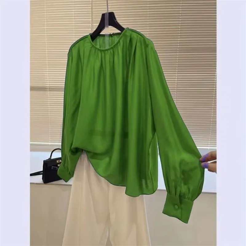 Limiguyue French Soft Silk Satin Shirts Loose Fashion Bubble Sleeve Spring Autumn Tops O Neck Women Office Lady Blouses F147