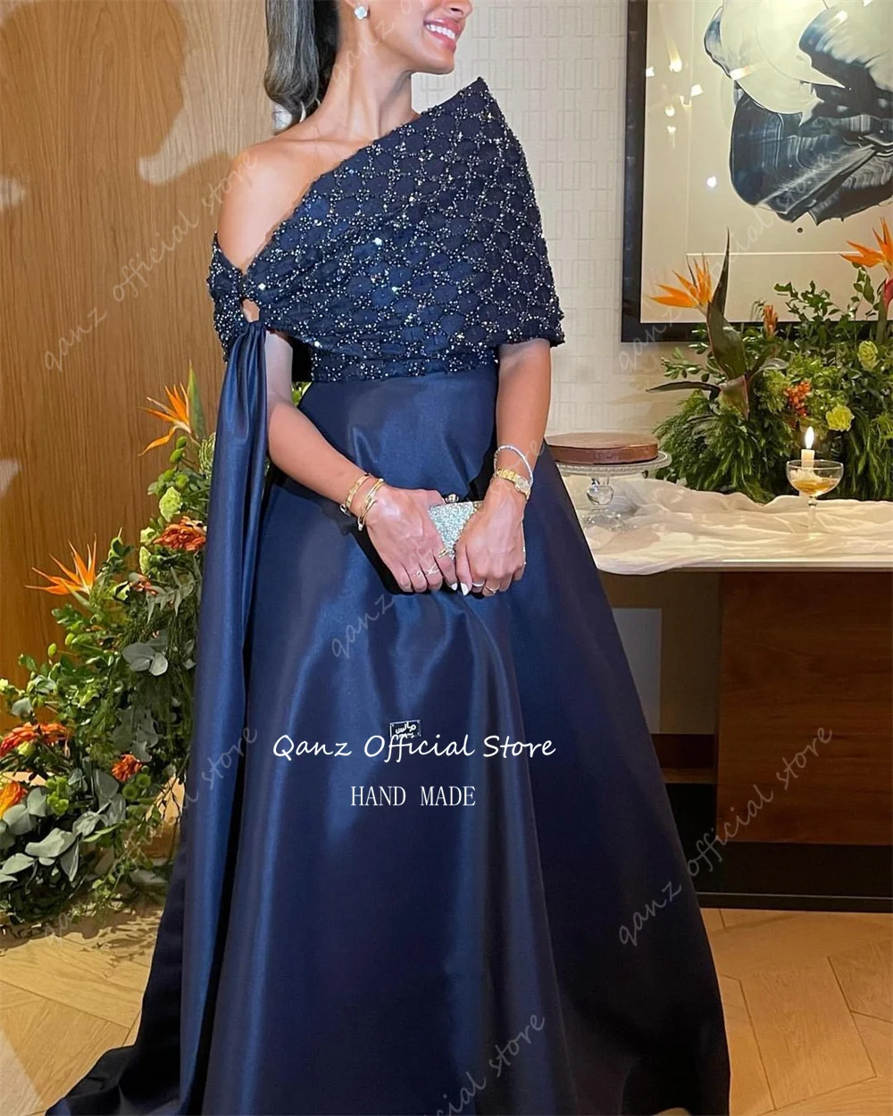 Qanz Navy Blue Dubai Evening Dresses Luxury Satin Sparkle Abendkleider Damen Party Gown Dresses Special Occasion Customized