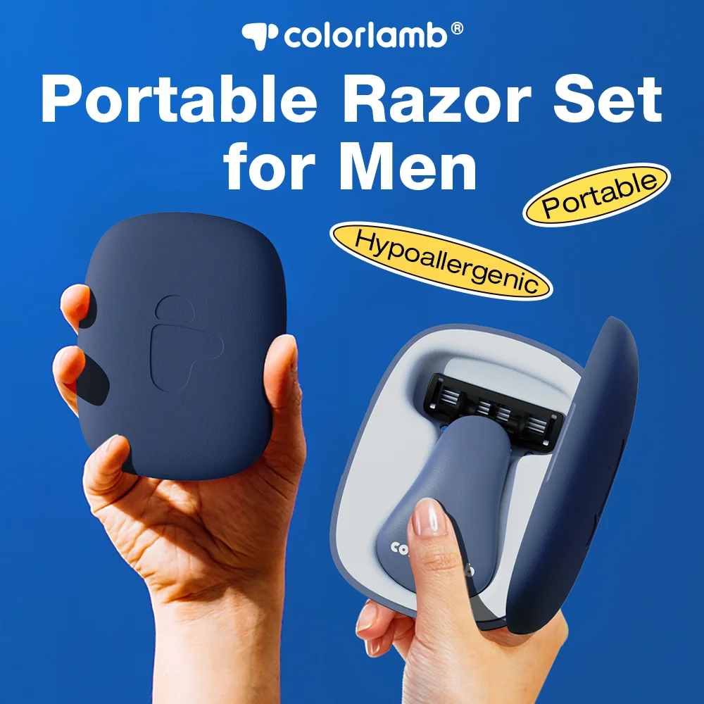 Colorlamb Portable Manual Men Razor with 3 Layers Blades Stainless Steel Cartridges Dark Blue Color Barber Shaver