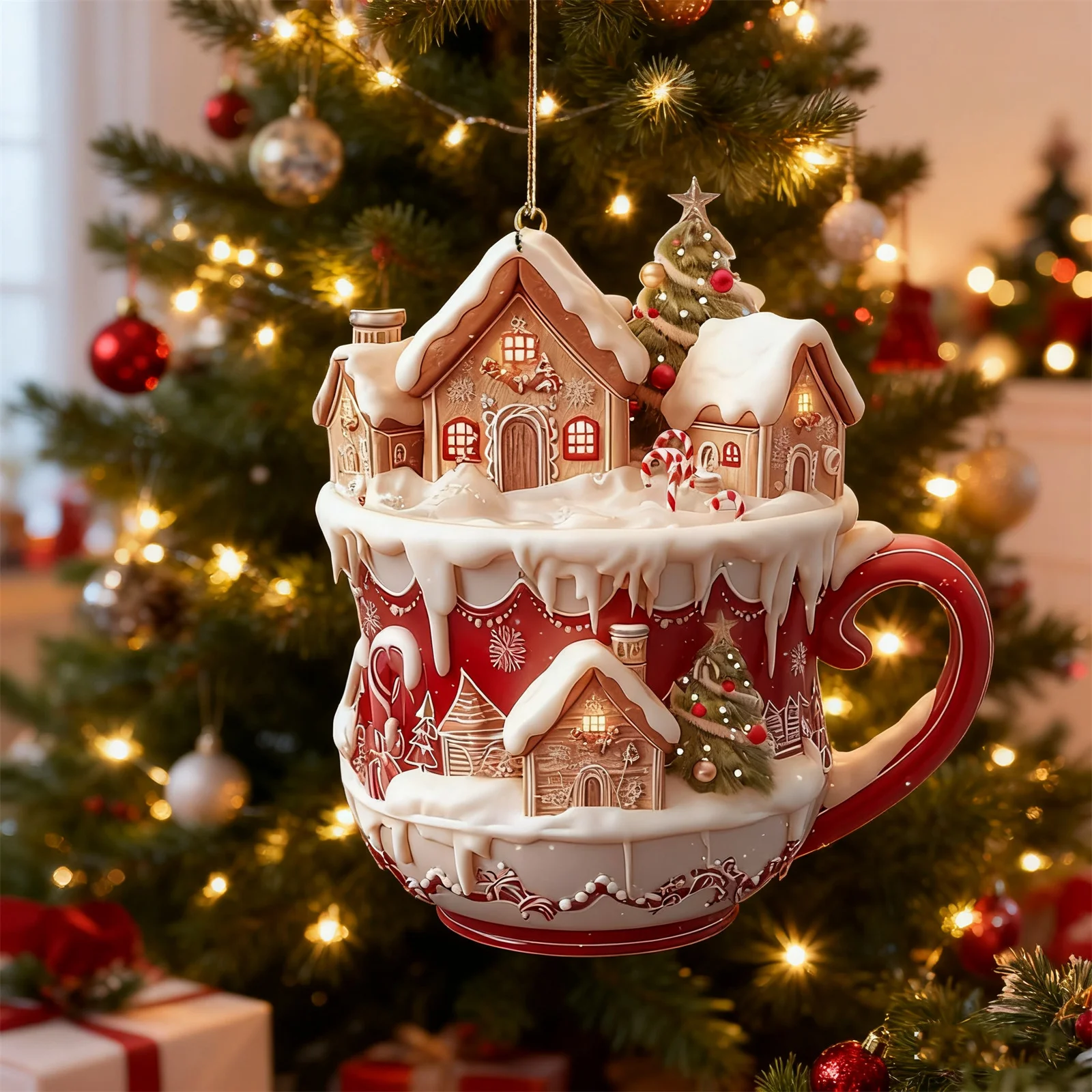 2D عيد الميلاد قلادة الزخرفية رائعة عيد الميلاد ندفة الثلج منزل فنجان القهوة معلقة للمنزل سيارة ديكور الطرف الديكور الدعائم