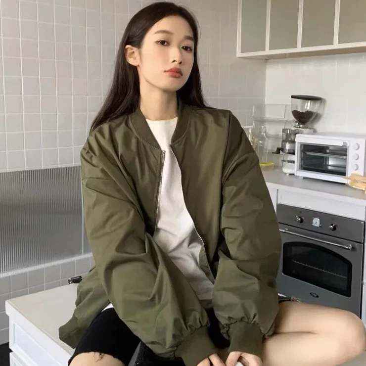 

Korean Chic Stand Collar Thin Baseball Style Casual Loose Women's Jacket Autumn Winter Versatile Open Cardigan Coat
