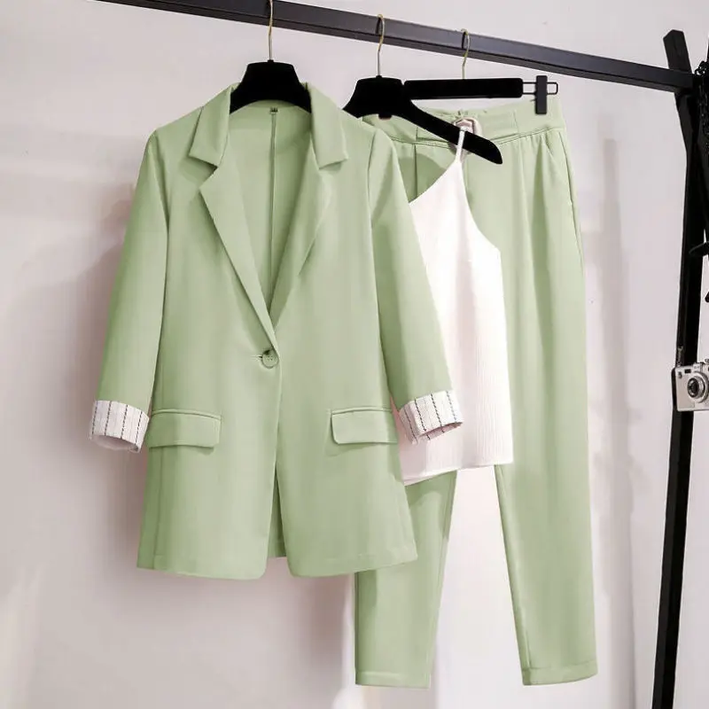 Women's Spring Summer Thin Blazer Pants 3 Pcs Set Korean Office Lady Work Graceful Suit Coat Trousers Vest Outfits Daily Clothes