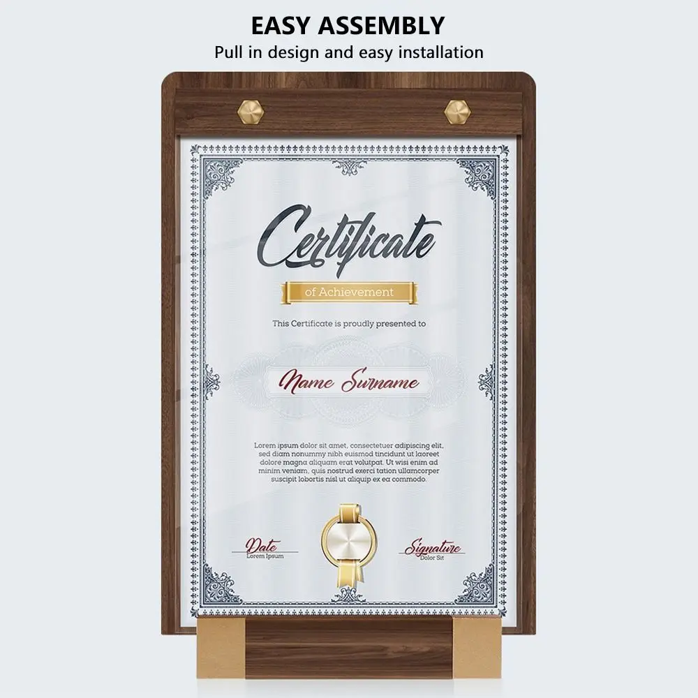 A4/A5/A6 Desktop Display Board Brown Faux Walnut Wood Menu Vertical Holder Transparent Panel Stable Base