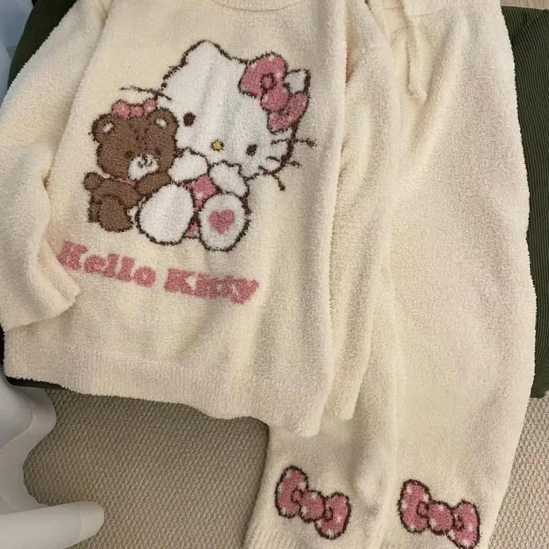 

Sanrio Hello Kitty пижамы с круглым вырезом женские зима-осень новый теплый комплект домашней одежды милый стиль флисовая утолщенная одежда для сна