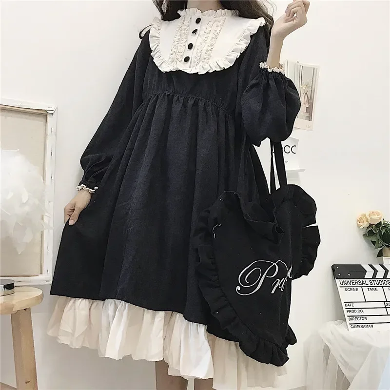 Japanse Stijl Herfst Dames Jurken Hoge Taille Afslankende Contrast Kleur Gegolfde Zoete Lolita Jurk Prinses Kawaii Kleding