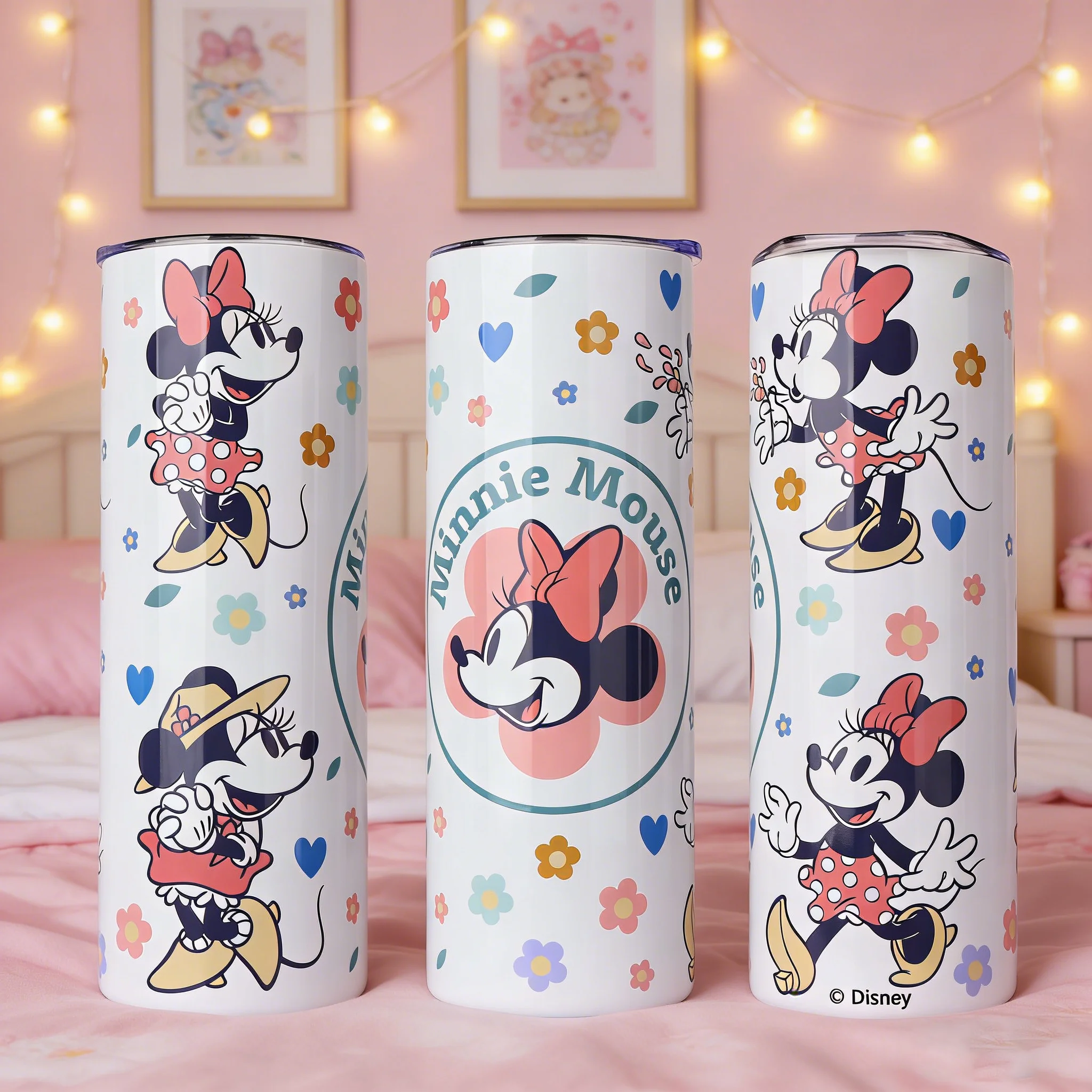 1pc 20oz Disney Minnie Mouse Floral Stainless Steel Tumbler Insulated Travel Cup with Straw for Fans Office & Outdoor Use