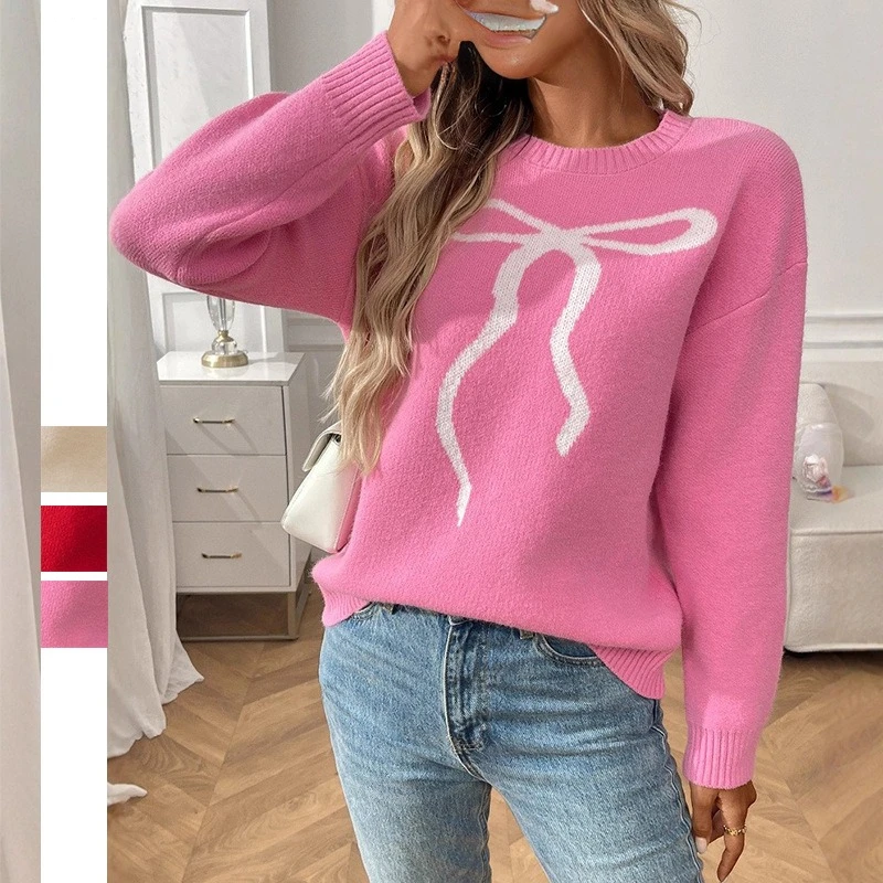 

Women's Jacquard Sweater Round Neck Retro Casual Bow Loose Pullovers Breathable Multi-color Sweet Style Warm Knitwear for Girls