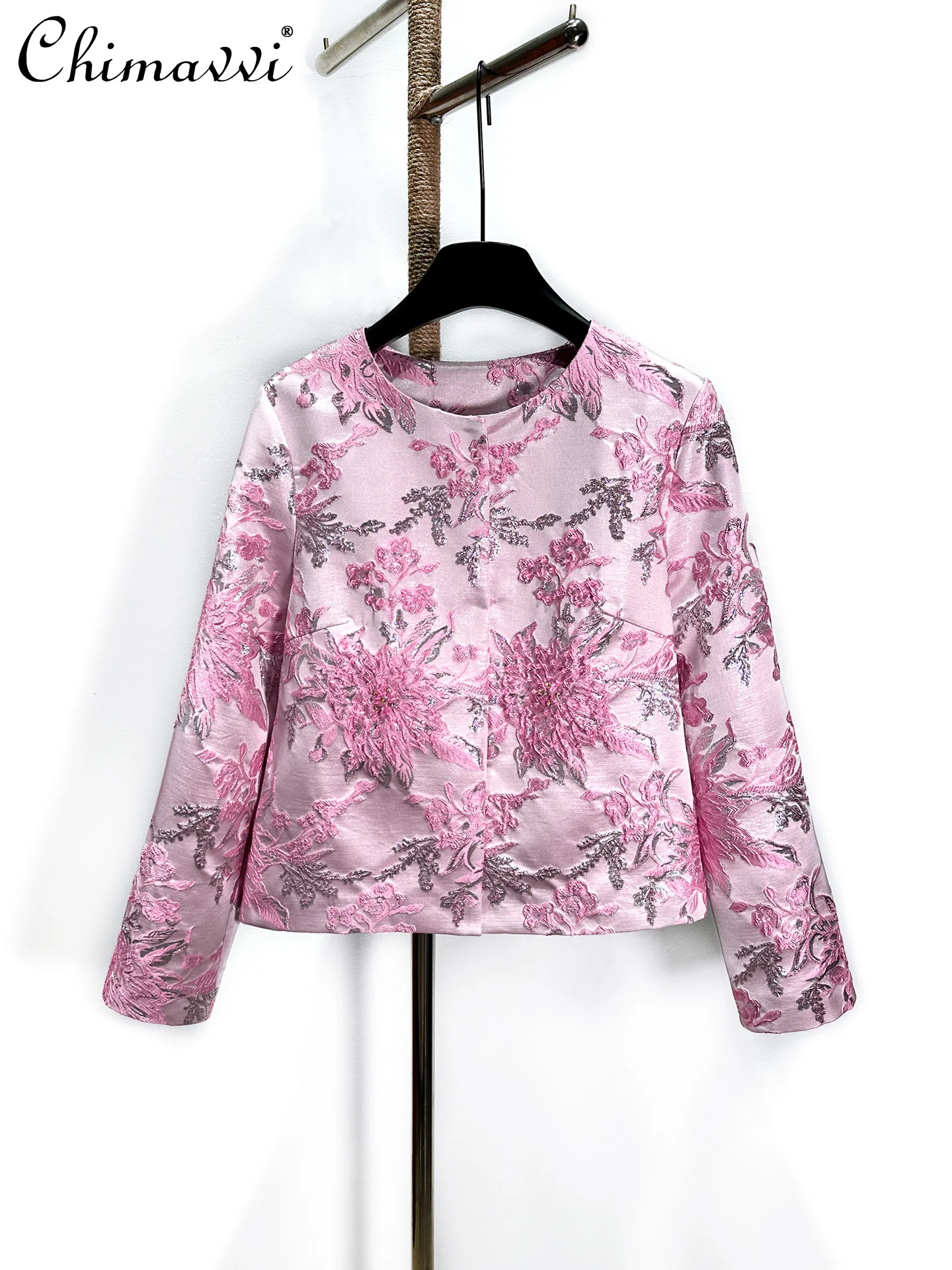 الفرنسية الأنيقة الاجتماعية جولة الرقبة طويلة الأكمام زر مخفي مطرز الجاكار تنوعا الوردي سترات قصيرة أعلى للنساء الخريف #1