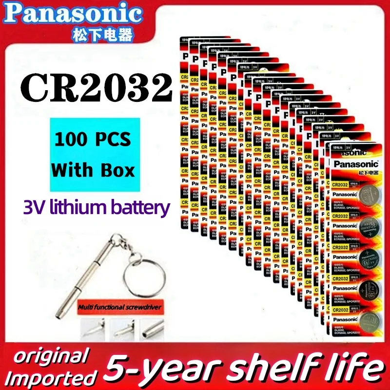 

100PCS Original Panasonic CR2032 3V Lithium Battery DL2032 BR2032 5004LC 2032 for watch, toys, car key, Calculator +screwdriver