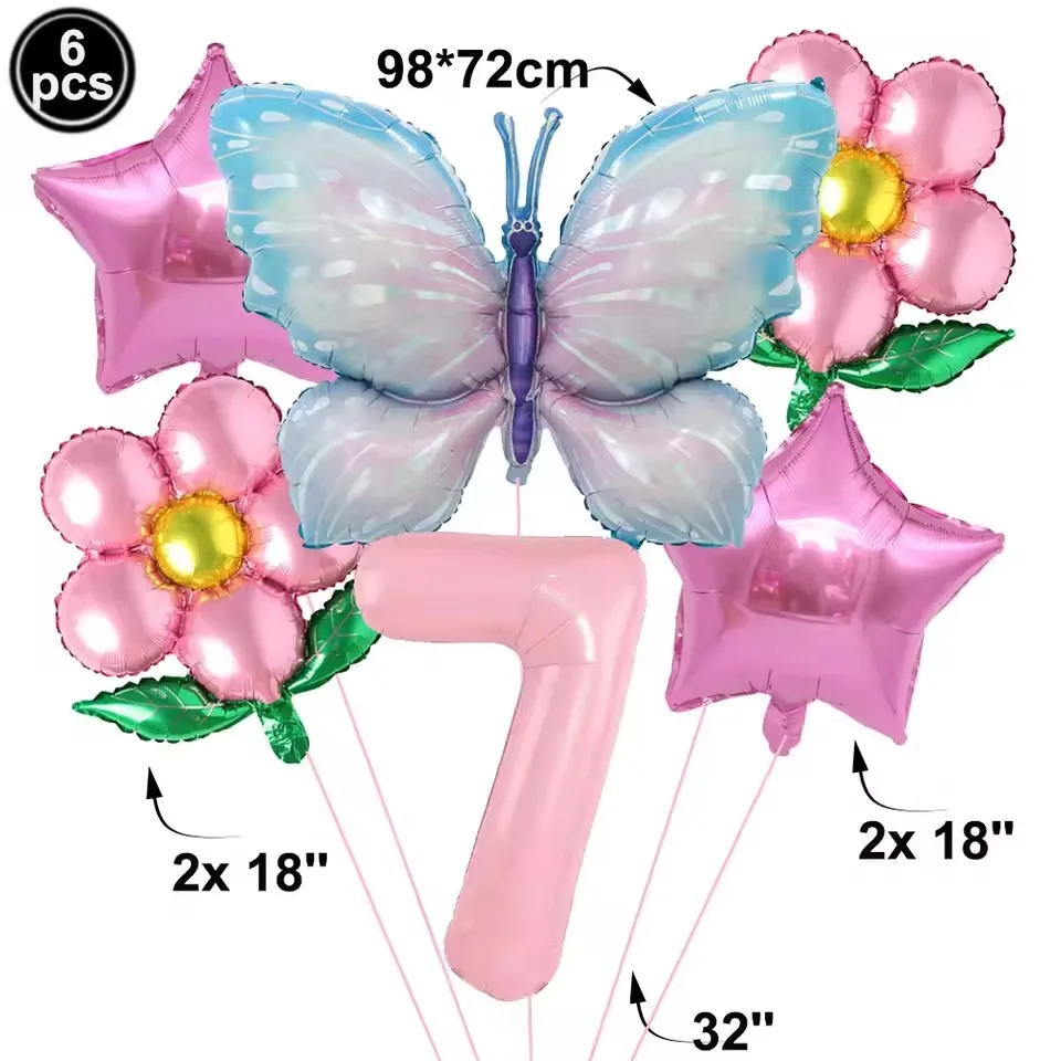Rosa Zahlenballon Schmetterlingsballon Set Schmetterlingsballons Folie 32 Zoll 1.-9. Zahlen Geburtstagsdekoration für Mädchen Babyparty