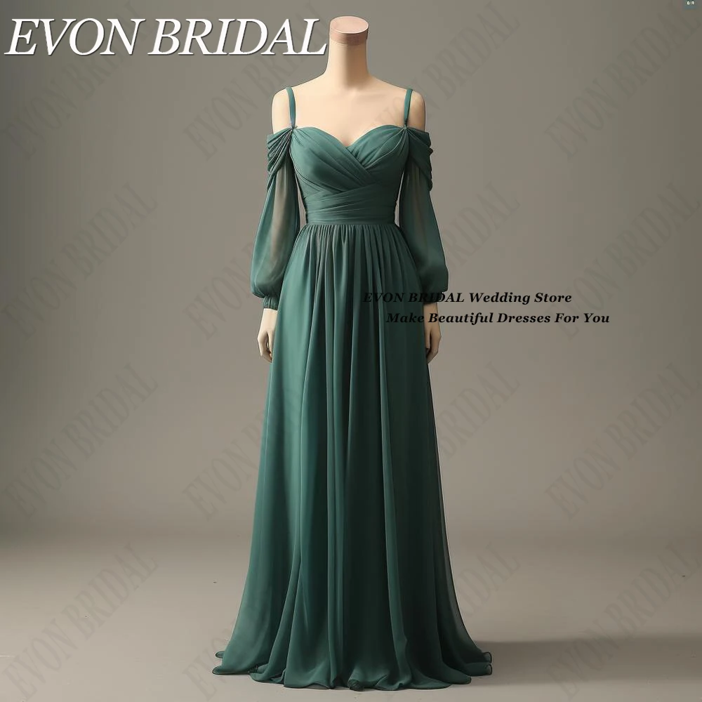 EVON BRIDAL Hunter Green Long Chiffon Bridesmaid Dresses 2024 A-Line Spaghetti Straps Puff Sleeve 들러리드레스 Boho Floor Length