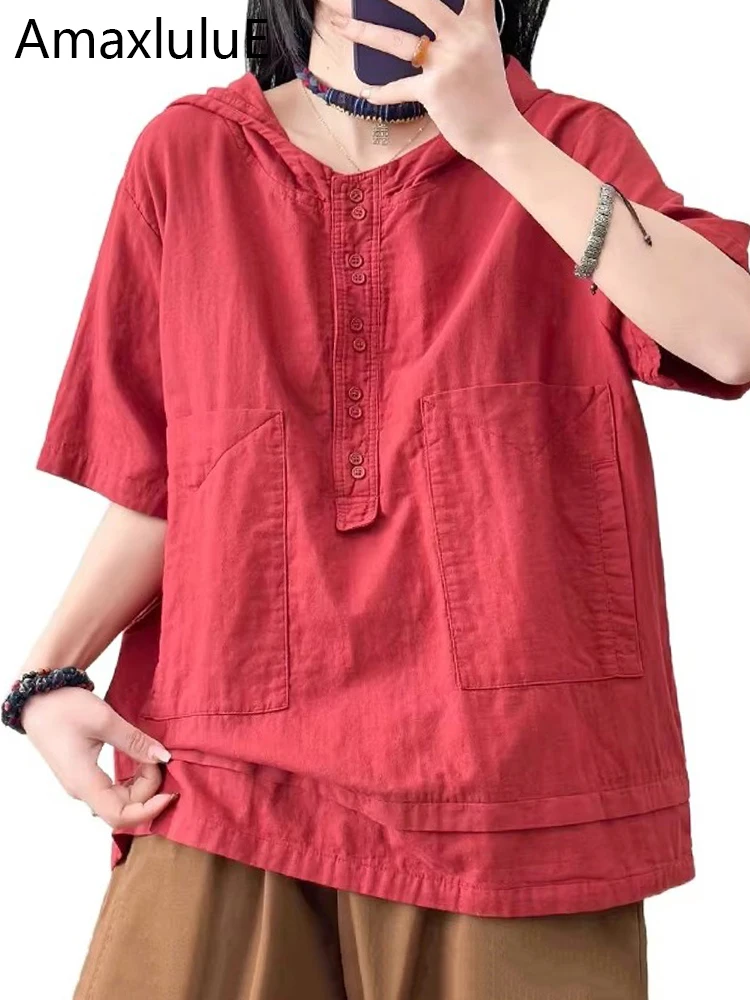 

Amax luluE Fashion Design Blouses 2025 Spring Women Casual Hooded Shirts Ladies Classic Vintage Cotton Tops Luxury Loose Clothes