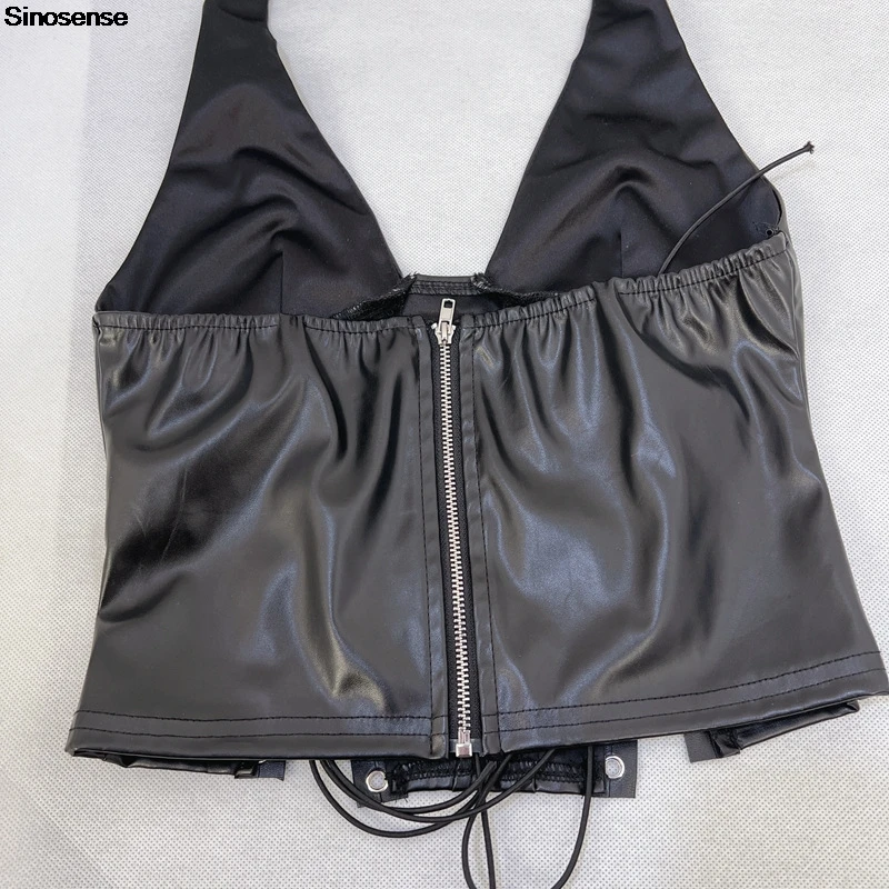 Camiseta sin mangas de cuero PU para mujer, Top Sexy sin mangas con cordones y espalda descubierta, Top corto de imitación, chaleco asimétrico Y2K Night Out Club Party Tops