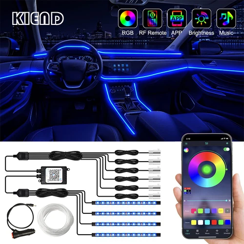 Imagen 1 del producto Luces LED de neón para interiores de coche, tira RGB de fibra óptica de 315 pulgadas, aplicación USB, Control remoto de sonido, Lámpara decorativa de ambiente automático