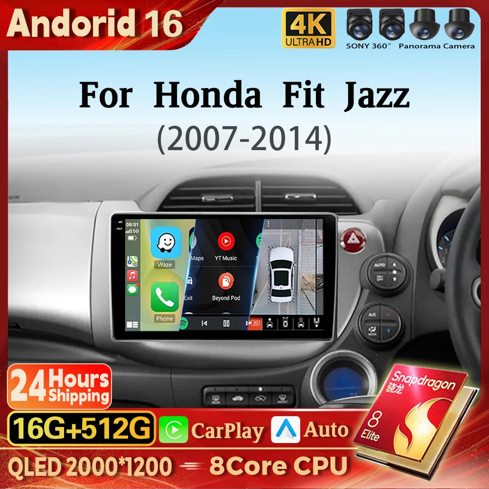 Android 16 Carplay Auto WIFI+4G Car Radio Multimedia Player For HONDA FIT JAZZ 2007-2013 RHD Autoradio GPS Stereo 2din Head Unit
