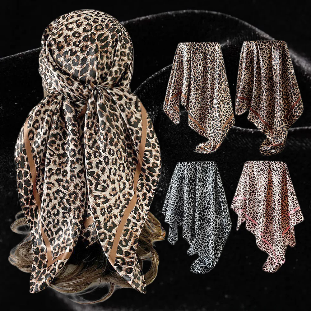 90cm Leopard Print Satin Square Scarf Wild retro headscarf women fashion accessory Pink leopard print headscarf wild style