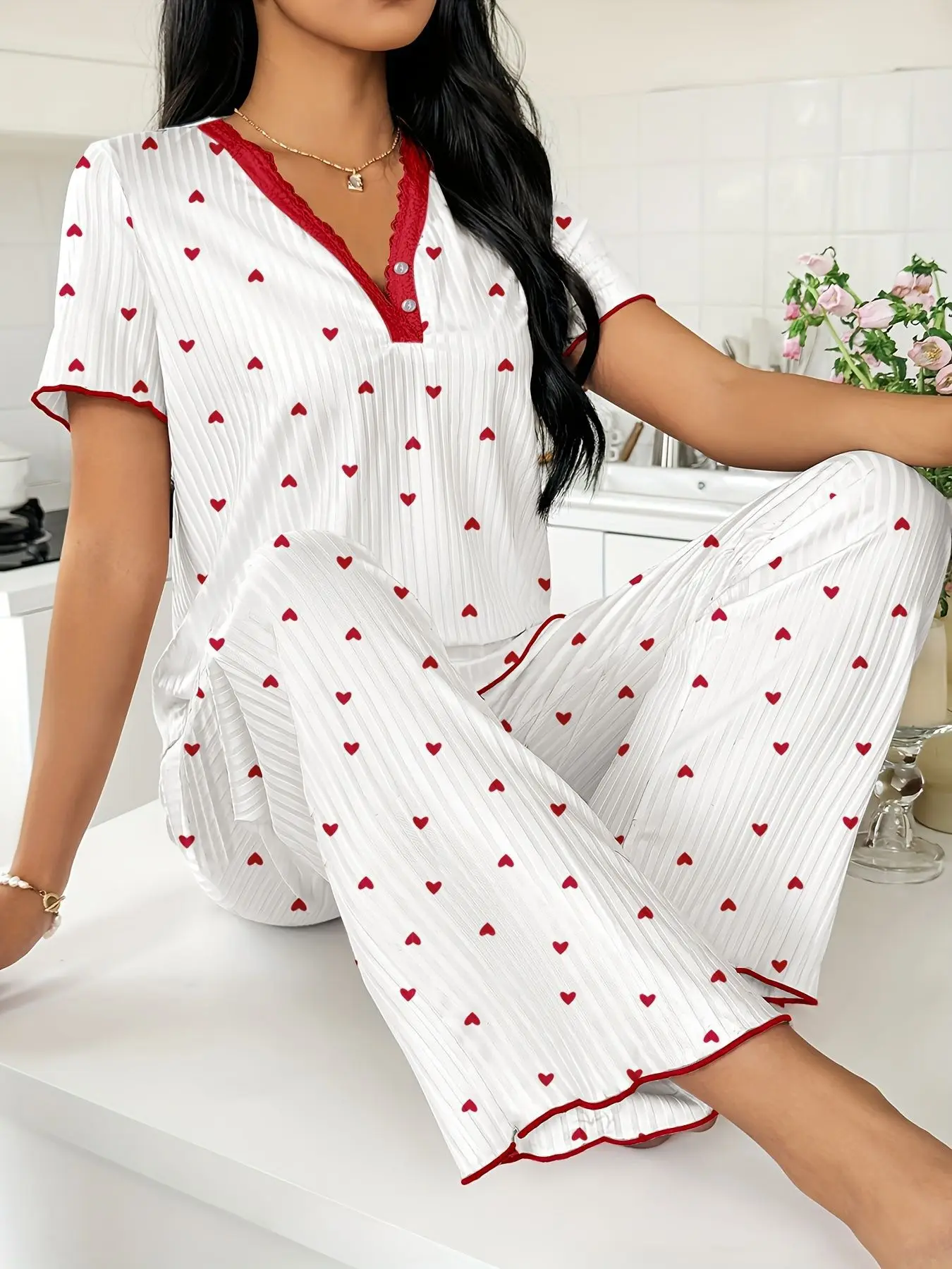 

Autumn Winter Warm Pajamas Set for Women Sleepwear Sexy Heart Print Tops and Trouses Sets Comfortable Pyjama Loungewear