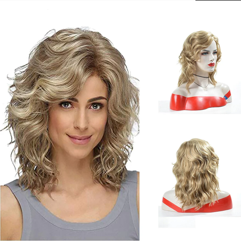 Lady Short Blonde Wavy Curly Wig Synthetic Wig With Side Part Bang For Women Daily Party Use Heat Resistant Fiber For Women