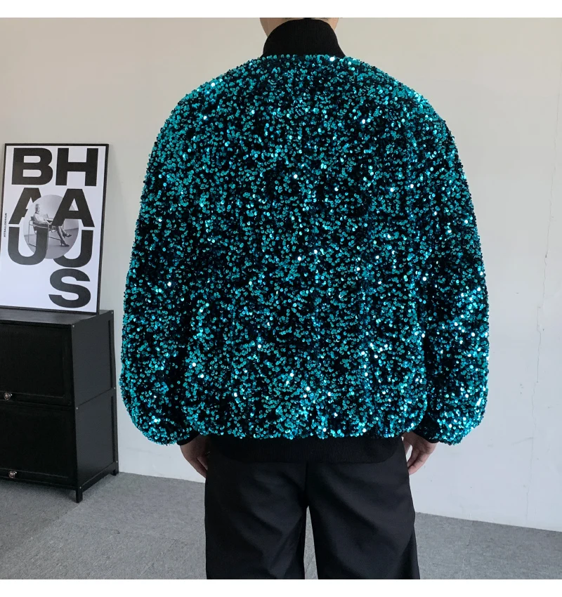 Best Seller: Loose-fitting Men's Long-sleeve Jacket with Blue Circular Sequin Embellishments;Unisex Top for Singers,Dancers, DJs