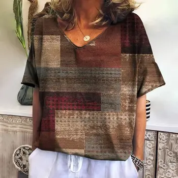 Yaz ekose V boyun T Shirt kadınlar için rahat kazak yeni Tees Harajuku giyim gevşek kısa kollu bluz moda kadın Tops