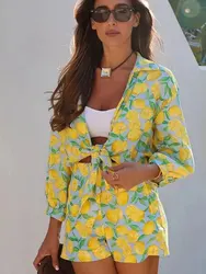 HH Women Fashion Fruit Print Cropped Bow Blouses Long Sleeve V Neck Shirt Loose Casual Holiday Beach Chic Top Blouse