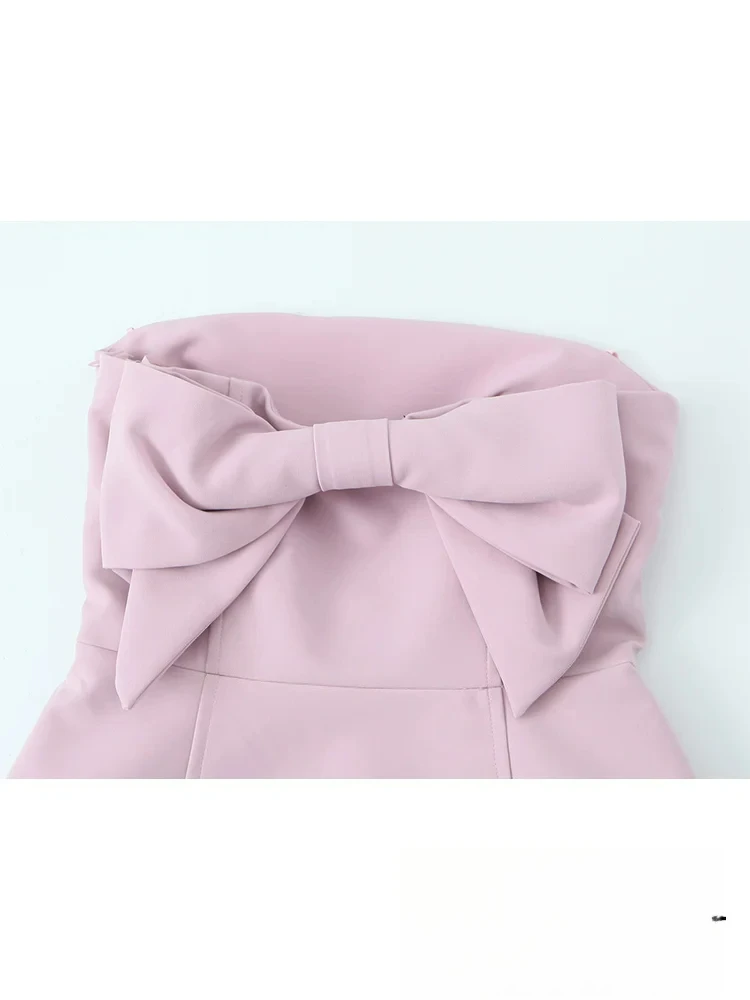 TRAFZA セクシーなシックなピンクの女性のドレスストラップレスの弓 A ラインミニドレス新ファッション 2024 秋 Hotsweet パーティードレス