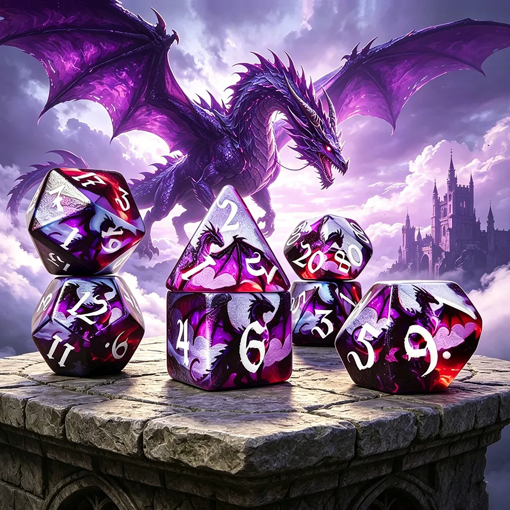 7Pcs/set Print Dragons Dice Set DND RPG MTG Dungeons and Dragons Dice Digital Dice Flying· Dragons Theme Dice Set Board Games