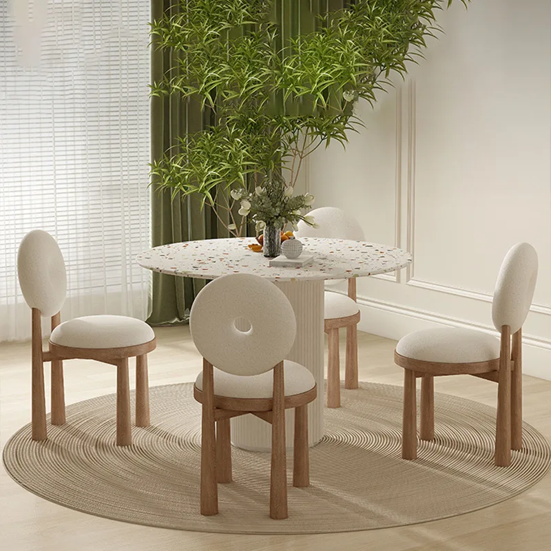 Internet celebrity cream style lamb wool chair wabi sand wind terrazzo small apartment rock slab solid wood dining table