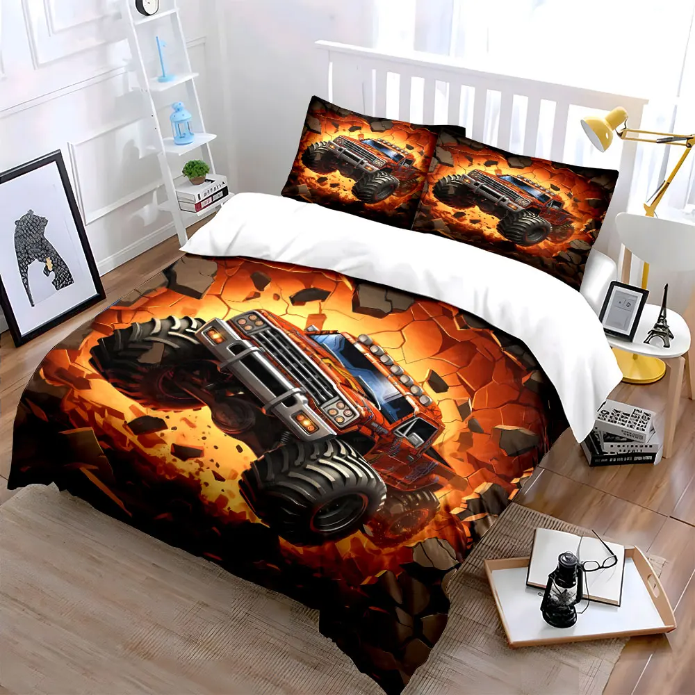 Monster Truck Three-Piece Set Decor Soft Skin-Friendly Bedding Set Includes 1 Duvet Cover And 2 Pillowcase, Gift
