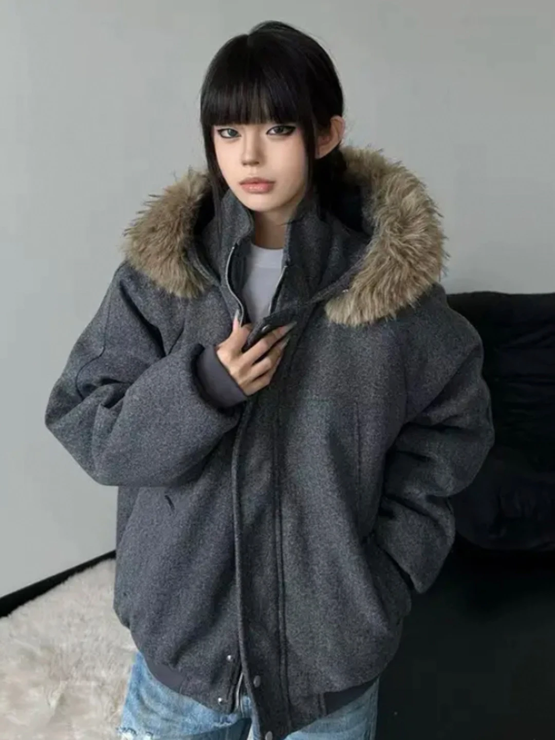 American Retro Thiened Woolen Coat Men's Winter Large Fur Collar Hooded Cotton Jaet Cleanfit Sount Eagle Cotton Clothing