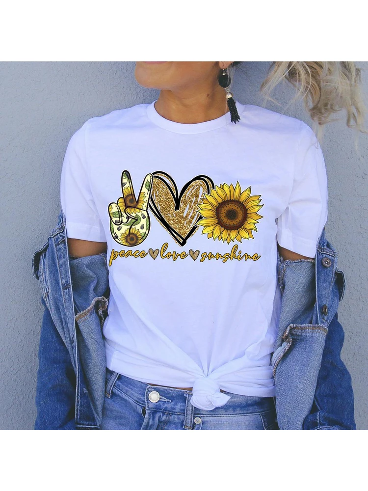 

Women Fashion Tops Peace Love Sunshine Sunflower Print Casual Short Sleeve Graphic Tee Summer Harajuku Ullzang Tops Clothes