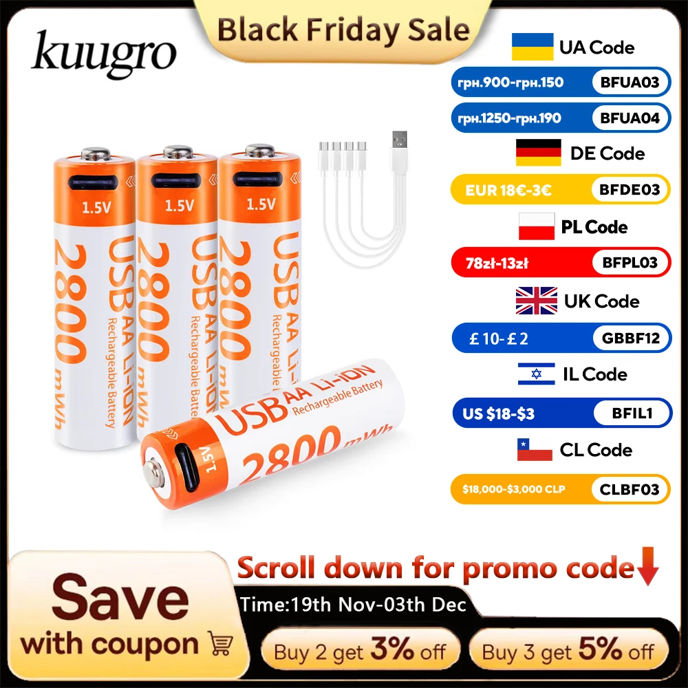 

Kuugro 1.5V 2800mWh AA Rechargeable Battery USB Type-C Rechargeable aa Li-ion Battery for Remote Control Electric Toys Mouse