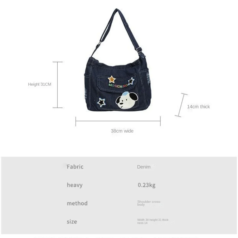 Cartoon Embroidery Denim Canvas Shoulder Bag Handbag Casual Messenger Bag Daily Commuting Bag Large Capacity Travel Totes Bag