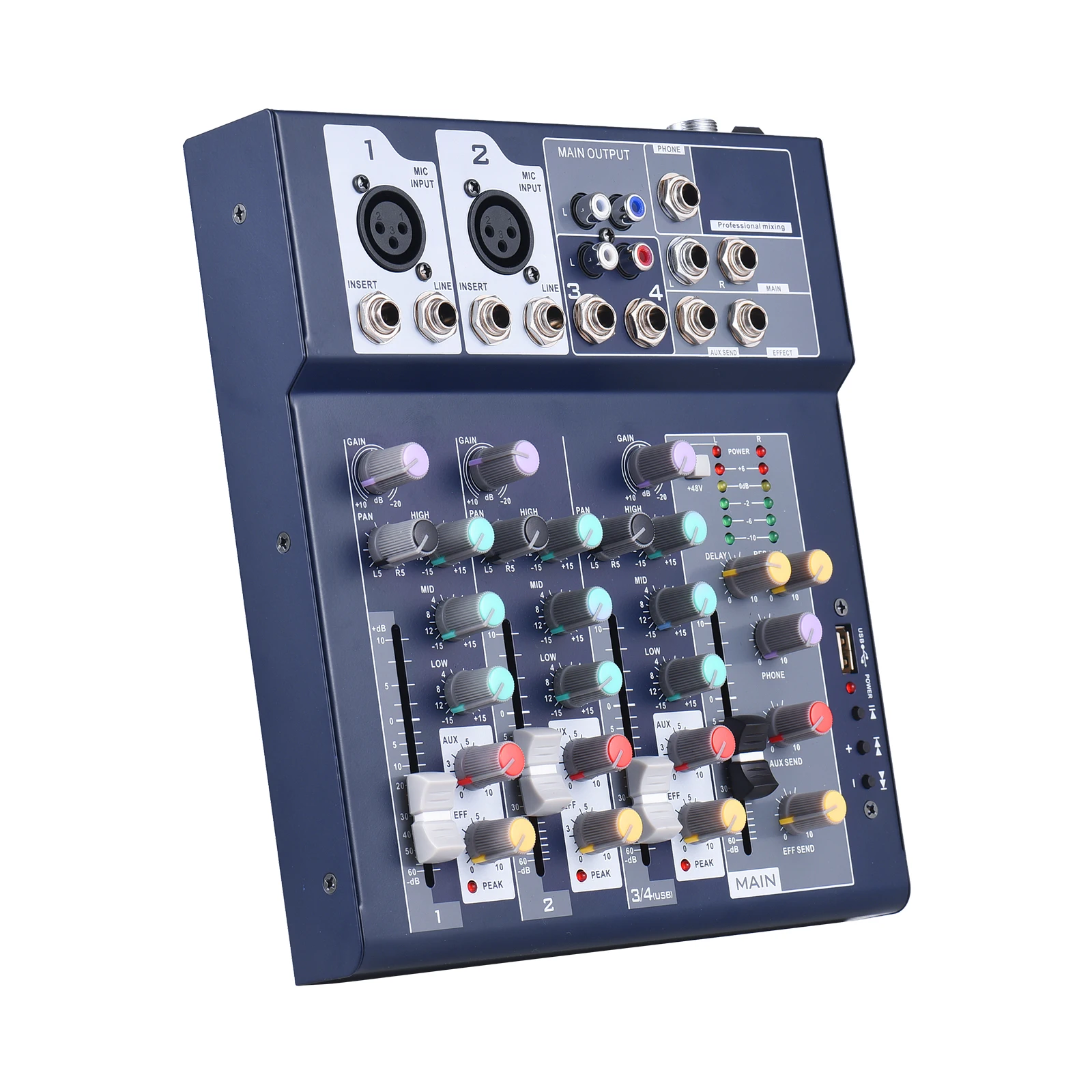 

4-channel Mixing Console & Aux Paths Plus Effects Processor Digital Audio Mixer 3-band EQ Built-in 48V Phantom Power