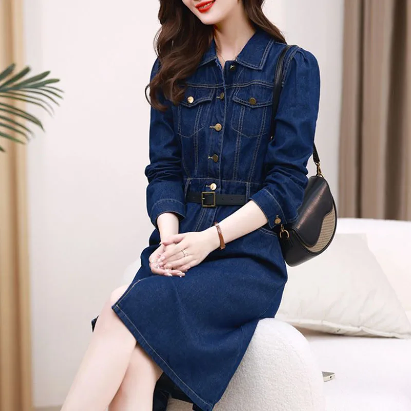 Vestido camisero vaquero de manga larga para mujer primavera otoño nuevos vestidos Retro moda femenina vestidos vaqueros medio largos de un solo pecho