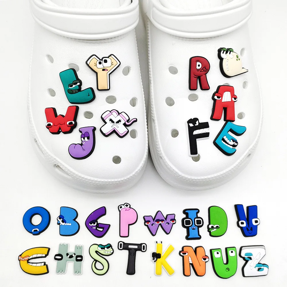 26Pcs Cartoon letters Shoe Charms PVC Letter design Shoe Decorations DIY Custom Name Clog Sandal Accessories croc decor
