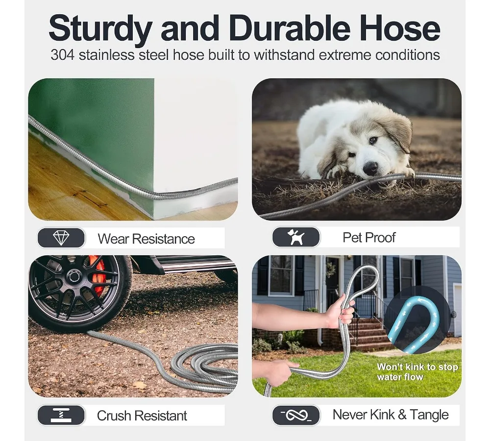 خرطوم حديقة من الفولاذ المقاوم للصدأ بطول 50 قدم، أنبوب مياه مرن عالي التحمل مع فوهة لا تتشابك أبدًا في ساحة خارجية #5